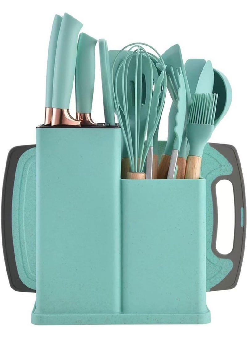DubaiGallery Stylish 19Pcs Silicone Kitchen Tools Set With Wooden Handles, Complete Cooking Utensils Collection Including Knives, Spatulas, Spoons, Whisk, Tongs and Cutting Board for Modern Kitchens - Image 2